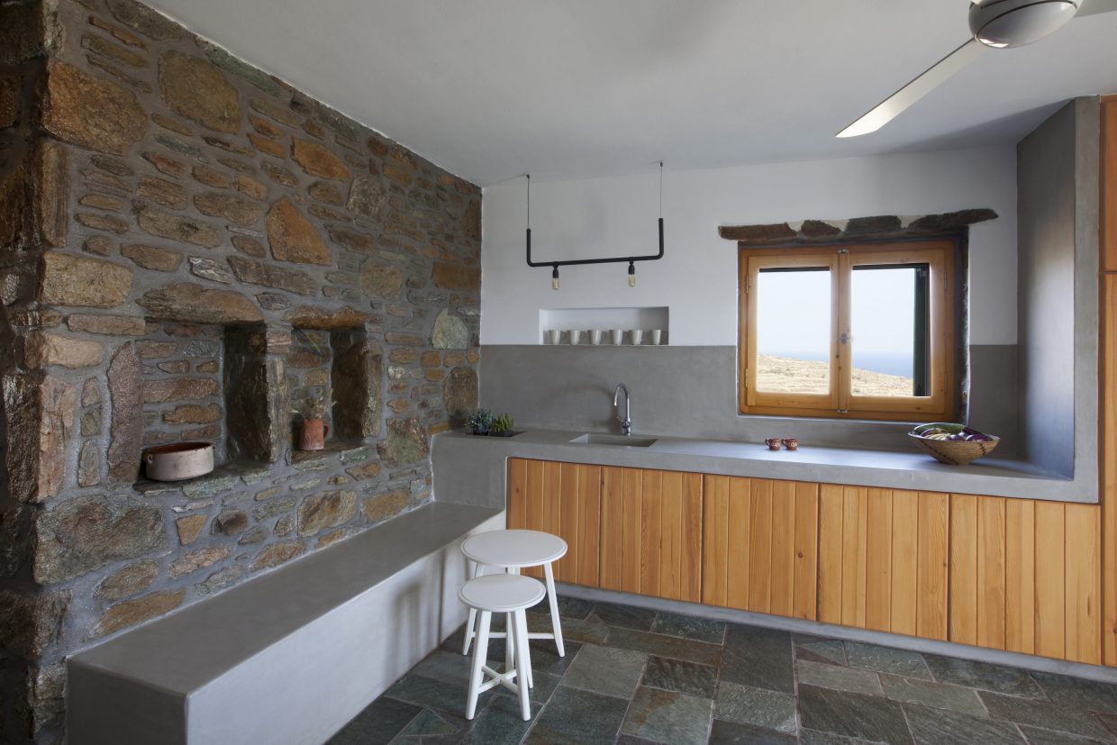 cement paint, stone, wood, light, bench, summer house, cyclades