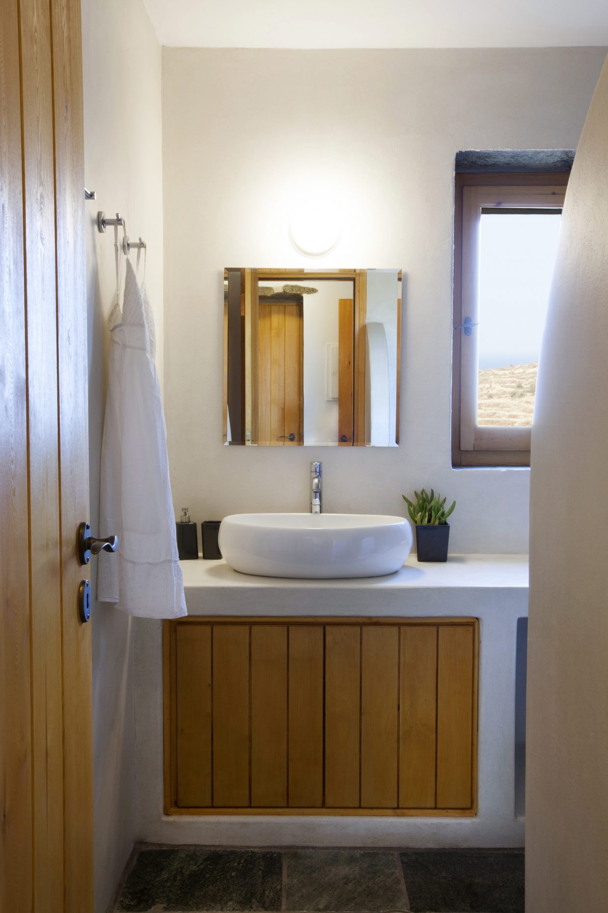 cement paint, stone, wood, summer house, cyclades, bathroom