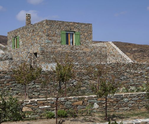 cement paint, stone wall, wood, bench, green, summer house, cyclades